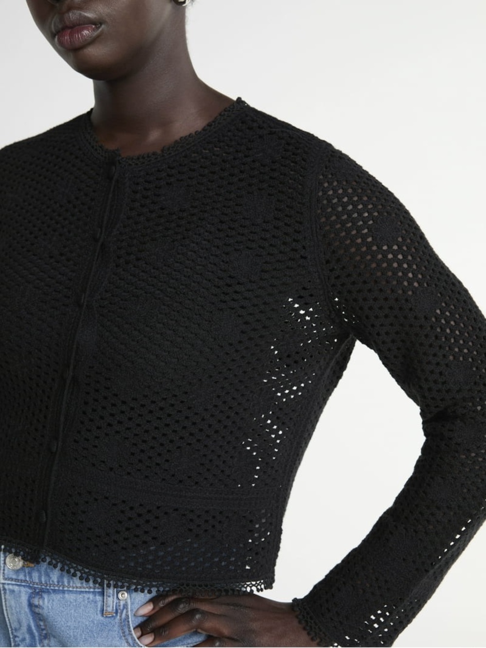 Black Polkadot Flower Crochet Button-Front Cardigan
